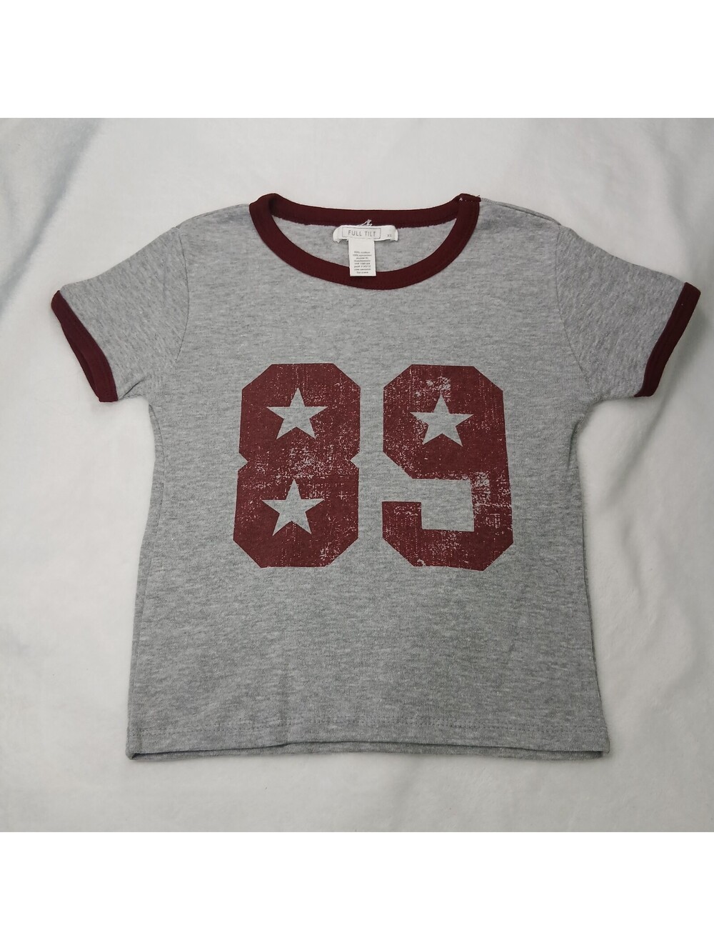 Full Tilt Ringer Tee Shirt Sz XS Heather Gray Burgundy Graphic Star 89 Crewneck